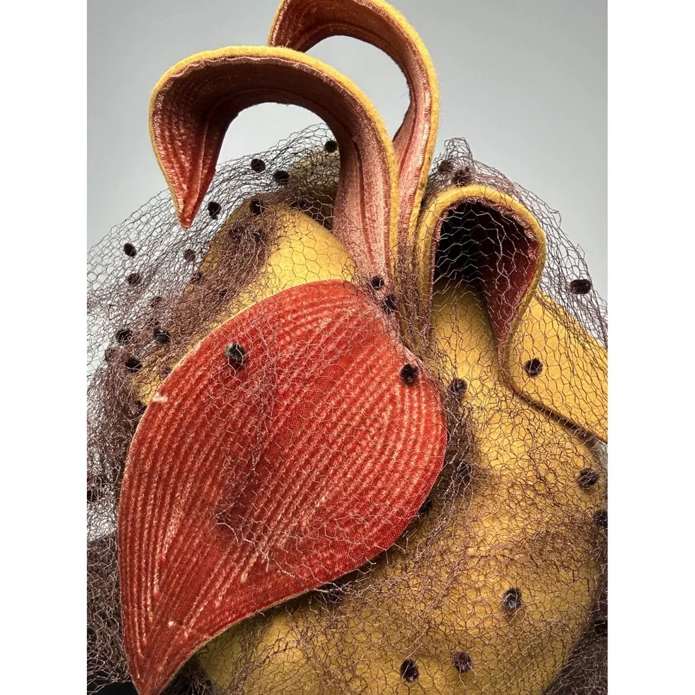 Vintage 1940s Tilt Hat Mustard Yellow Felt Brown Velvet Leaves Eagle Handcraft